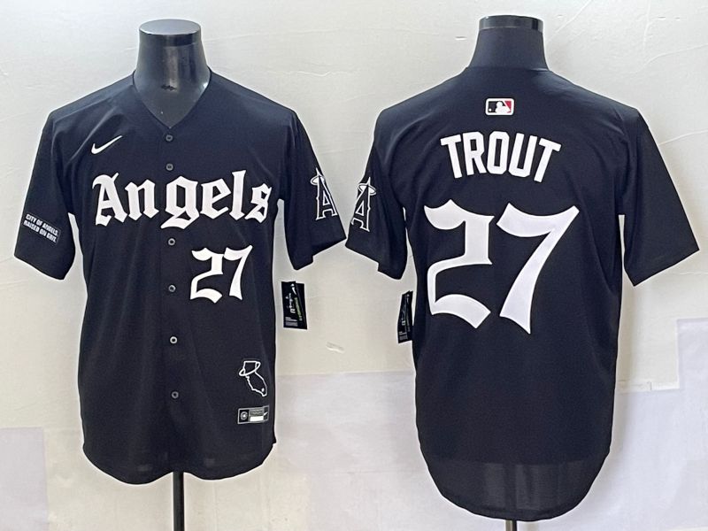 Men 2025 Los Angeles Angels #27 Trout Black Five generations Joint Name Nike MLB Jersey style 13